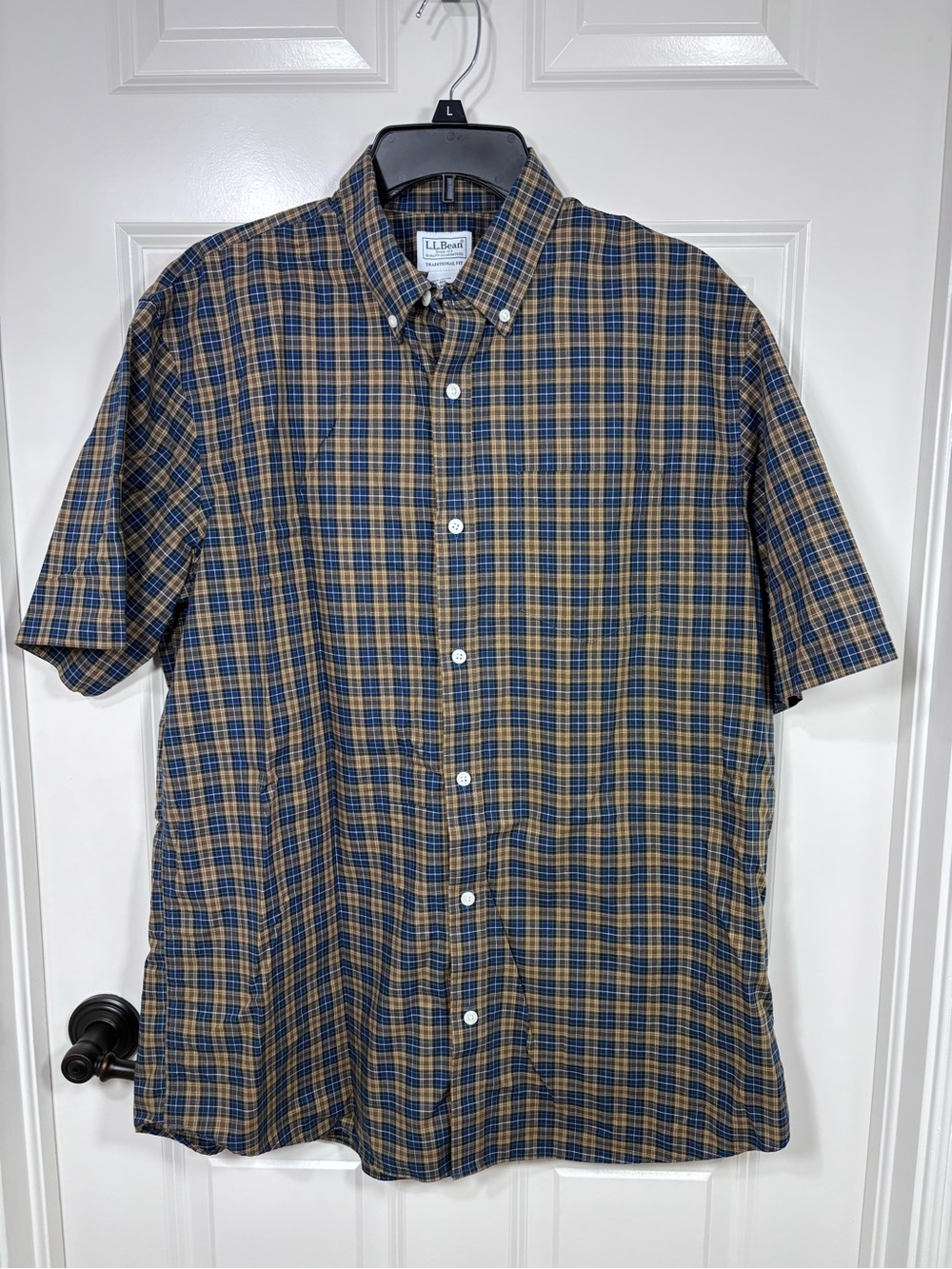 L.L. Bean Short Sleeve Button Down Plaid Cotton Shirt Men’s L Blue Brown